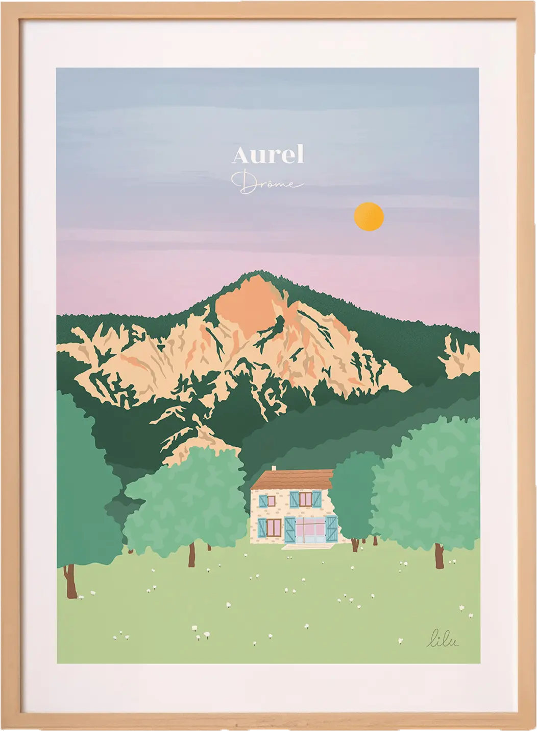 Un poster personnalisé d'une maison sous une montagne