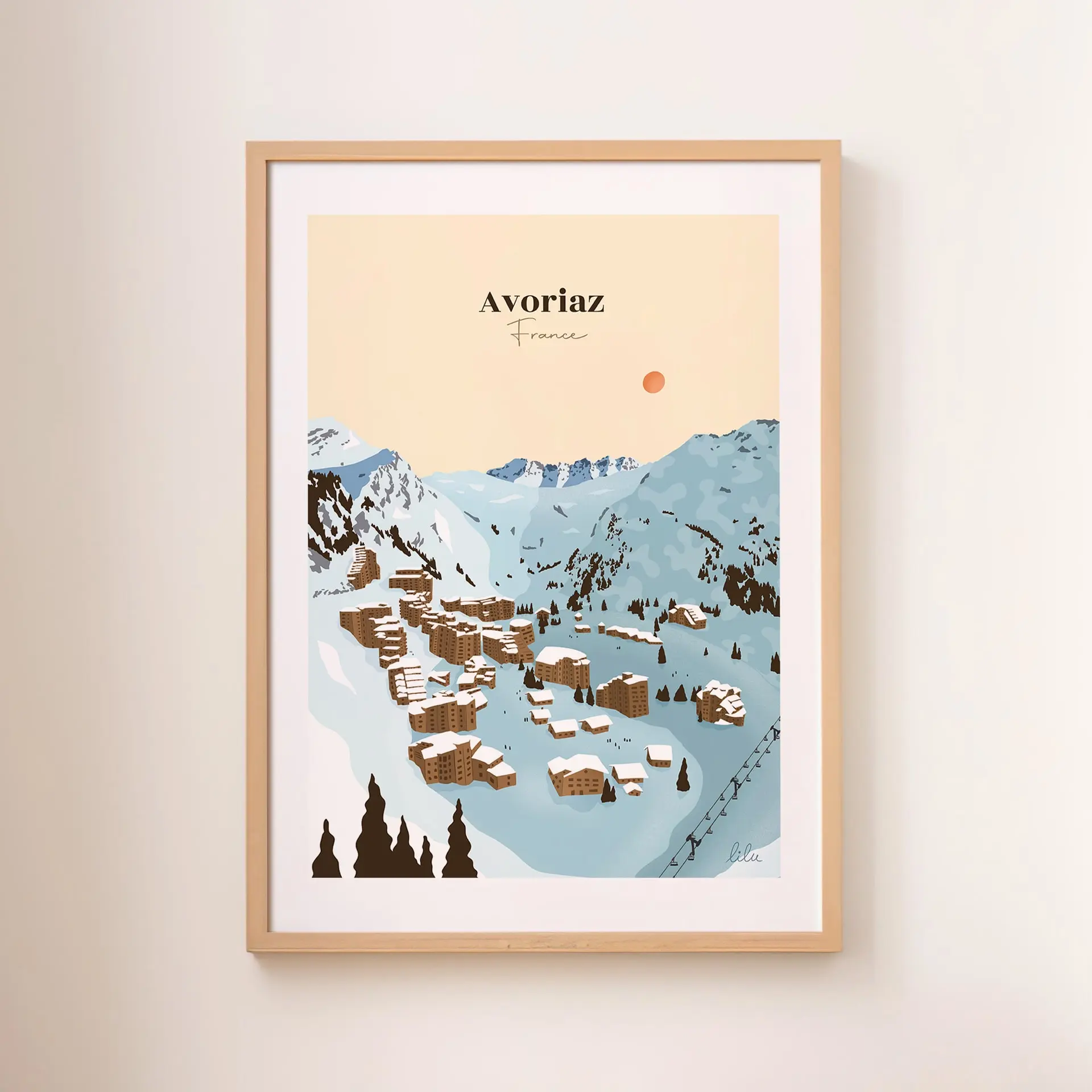 Une affiche de la station de ski et des chalets d'Avoriaz sous la neige dans les tons beiges