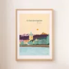 Une affiche de l'église et du Lac Léman à Evian-les-Bains dans les tons beiges