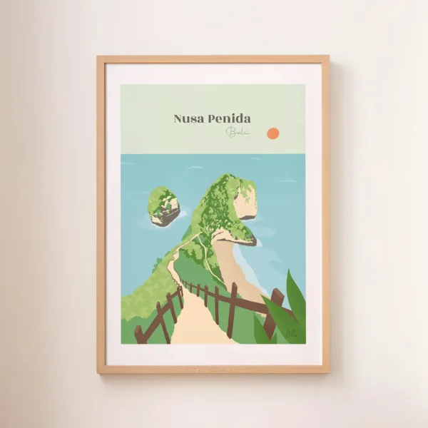 Une affiche de la plage et du sentier du T-Rex de Kelingking à Bali