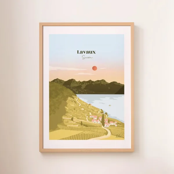 Une affiche des vignes du Lavaux face au Lac Léman dans les tons bleus