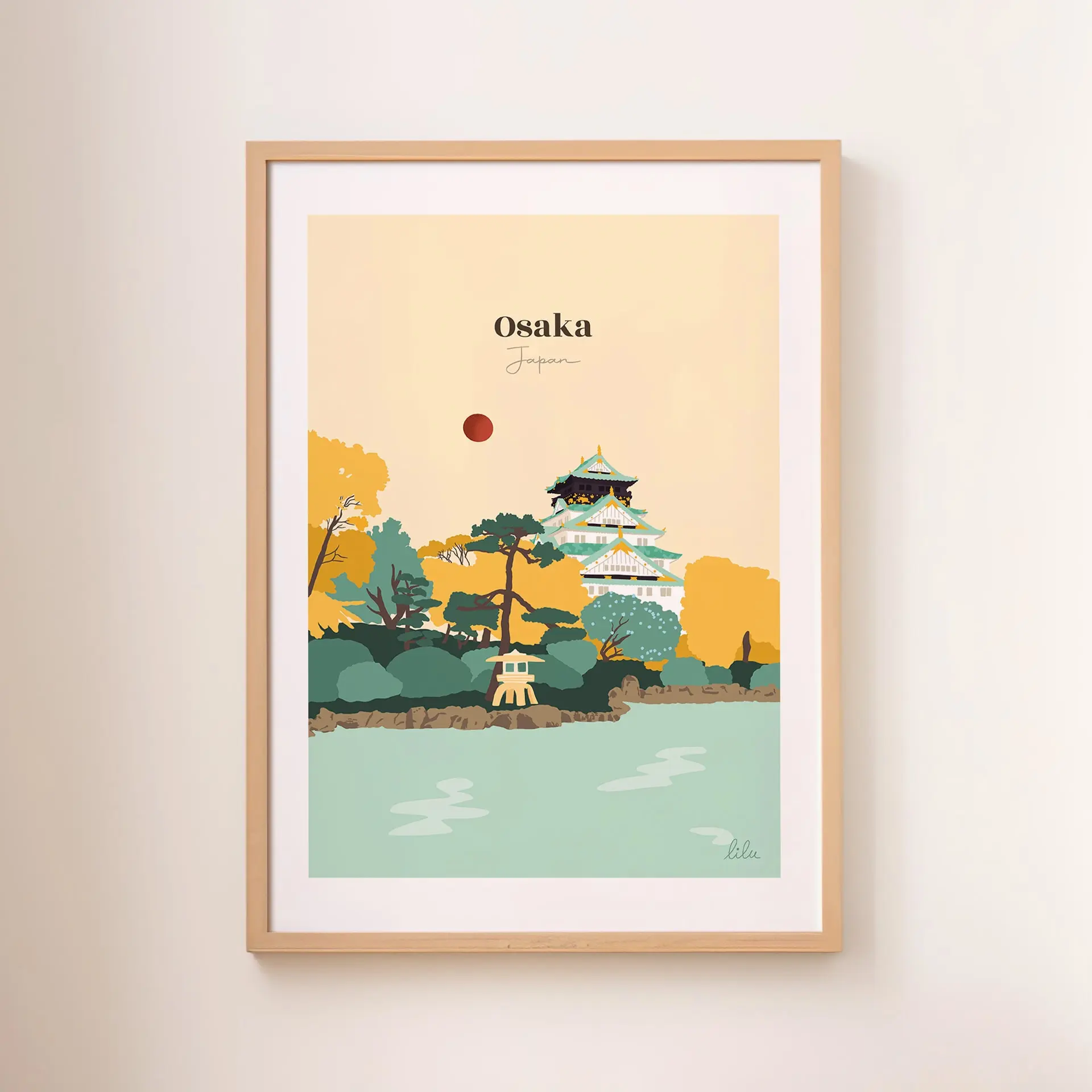 Une affiche du château d'Osaka et de ses jardins dans les tons beiges