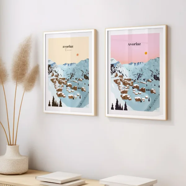 Deux affiches sur un mur illustrant la station de ski et les chalets d'Avoriaz sous la neige