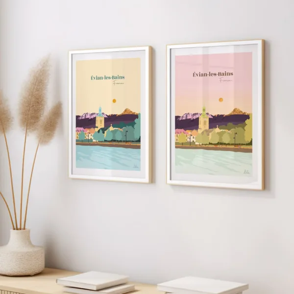 Deux affiches sur un mur illustrant le Lac Léman et le quai d'Evian les Bains