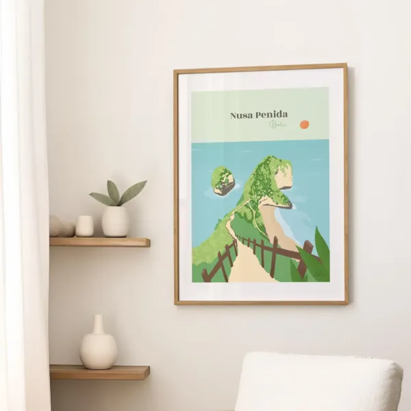 Une affiche décorative dans un salon de la plage et du T-Rex de Kelingking à Bali