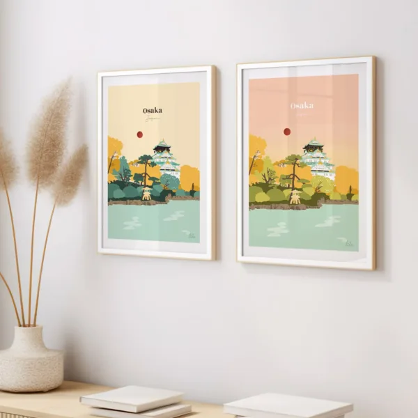 Deux affiches sur un mur illustrant le château d'Osaka et ses jardins
