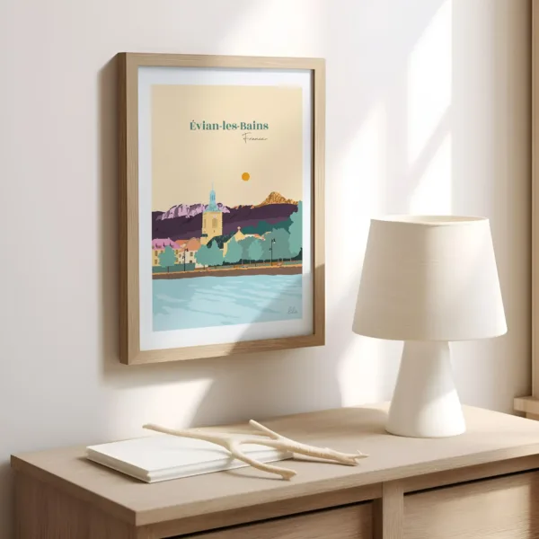 Une affiche sur un mur dans un bureau illustrant le Lac Léman et le quai d'Evian les Bains
