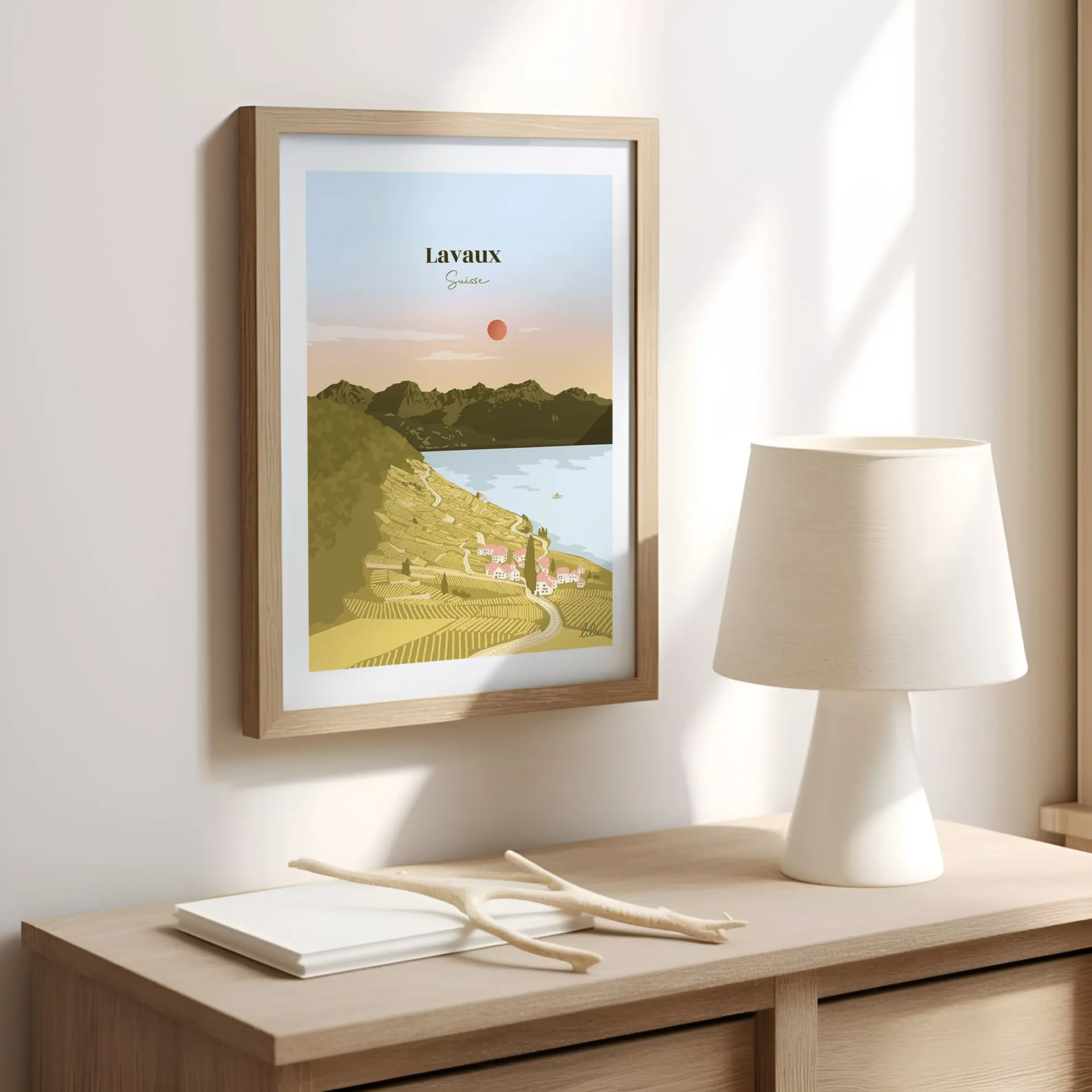 poster-decoration-lavaux-suisse Une affiche dans le bureau sur un mur illustrant les vignes du Lavaux face au Lac Léman