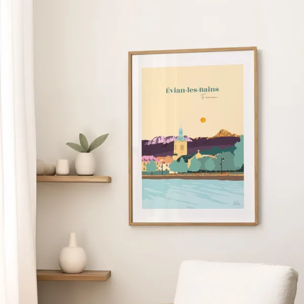 Une affiche sur un mur dans le salon illustrant le Lac Léman et le quai d'Evian les Bains