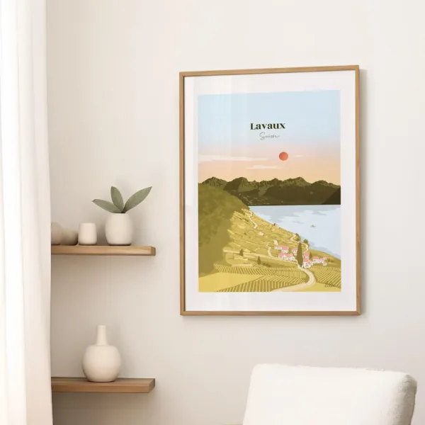 Une affiche dans le salon sur un mur illustrant les vignes du Lavaux face au Lac Léman