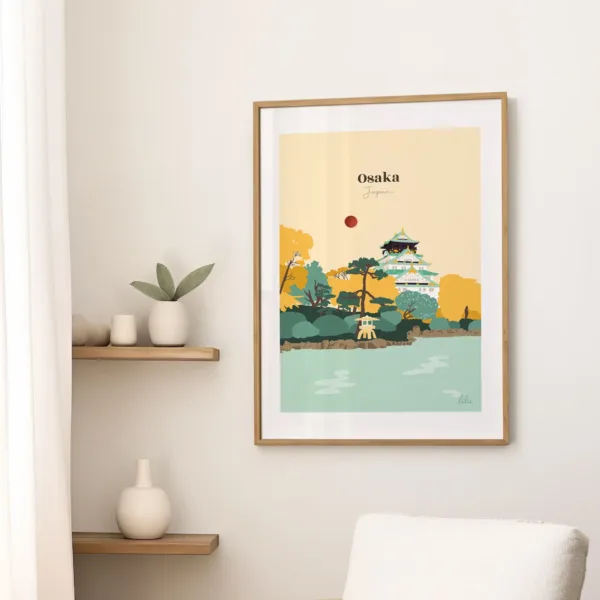 Un tableau sur un mur dans le salon illustrant le château d'Osaka et ses jardins