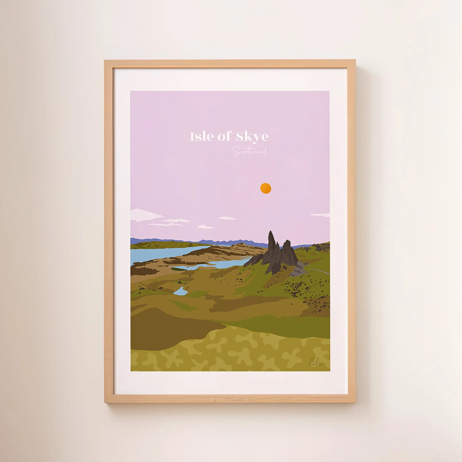 Une affiche du paysage escarpé de l'île de Skye et des rives du loch Ness dans les tons violets