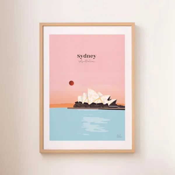 Une affiche de l'opéra et de la baie de Sydney en Australie dans les tons roses
