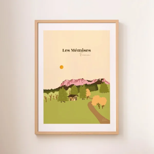 Une affiche des montagnes des Mémises à Thollon avec un chalet dans les tons beiges