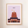 Une affiche du sanctuaire d'Asakusa au Japon et de sa pagode traditionnelle dans les tons violets