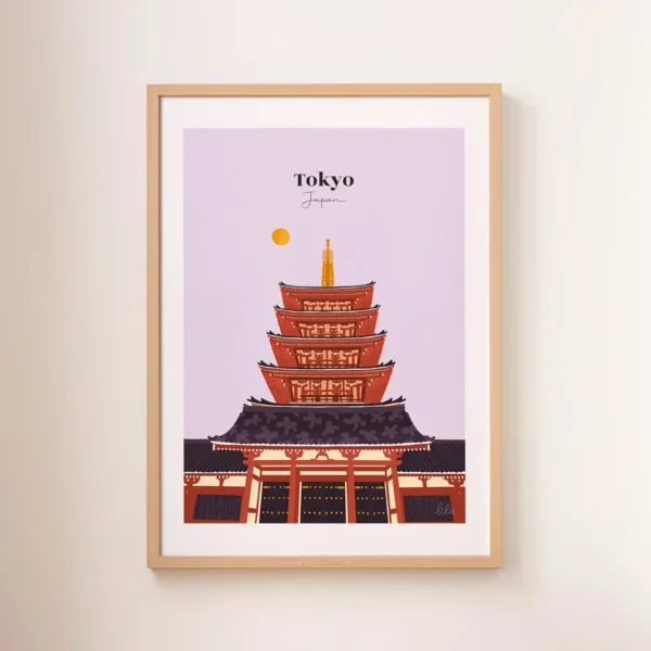 Une affiche du sanctuaire d'Asakusa au Japon et de sa pagode traditionnelle dans les tons violets