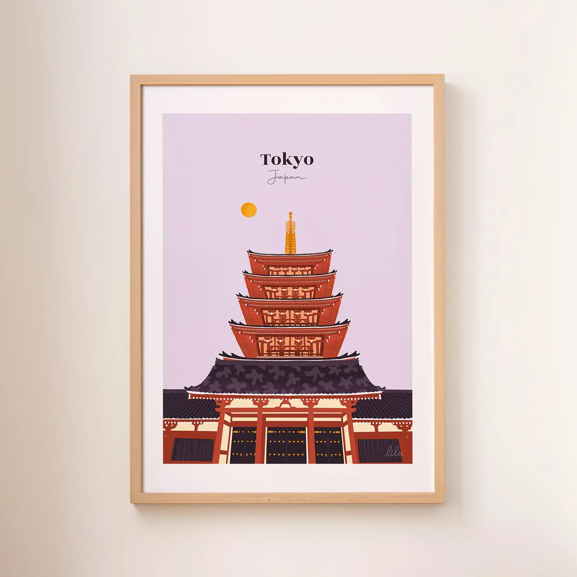 affiche-decoration-tokyo-japon-violet Une affiche du sanctuaire d'Asakusa au Japon et de sa pagode traditionnelle dans les tons violets