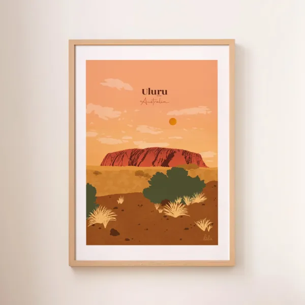Une affiche de l'immense roger rouge d'Uluru au milieu du désert australien