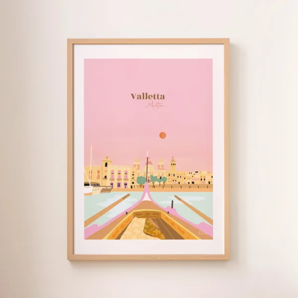 Une affiche de l'architecture traditionnelle et du petit port de La Valette depuis une barque dans les tons roses