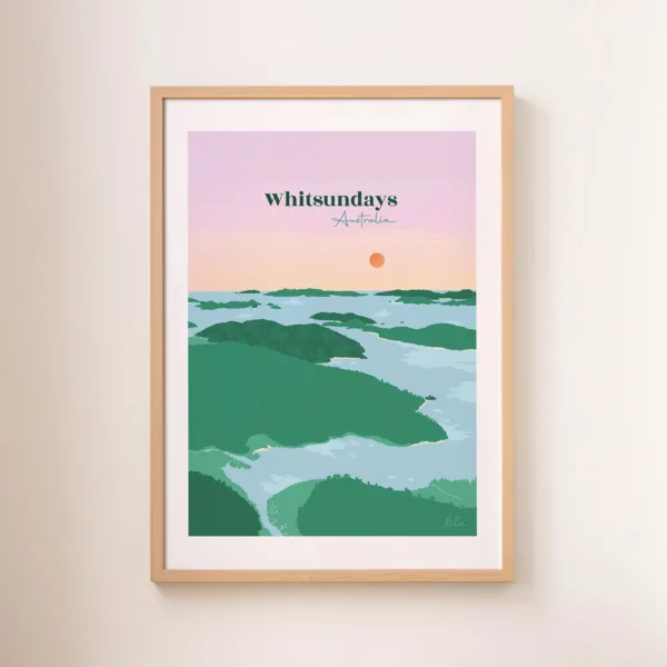 Une affiche des îles et de l'eau turquoise de l'archipel des Whitsundays dans les tons violets