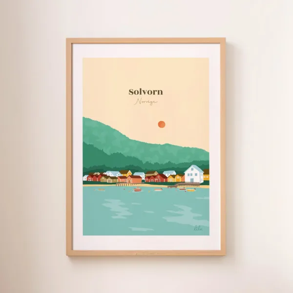 Poster personnalisé d'un paysage de village en Norvège à Solvorn avec des bateaux et une forêt