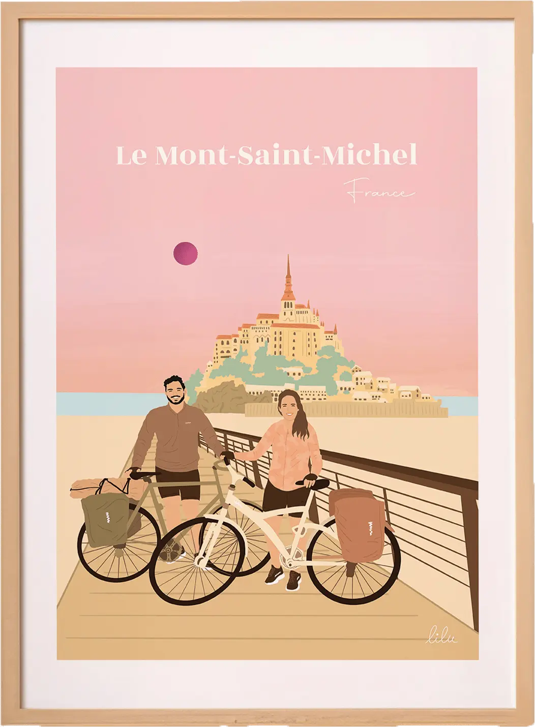 Une affiche du Mont-Saint-Michel en France avec un couple en vélo