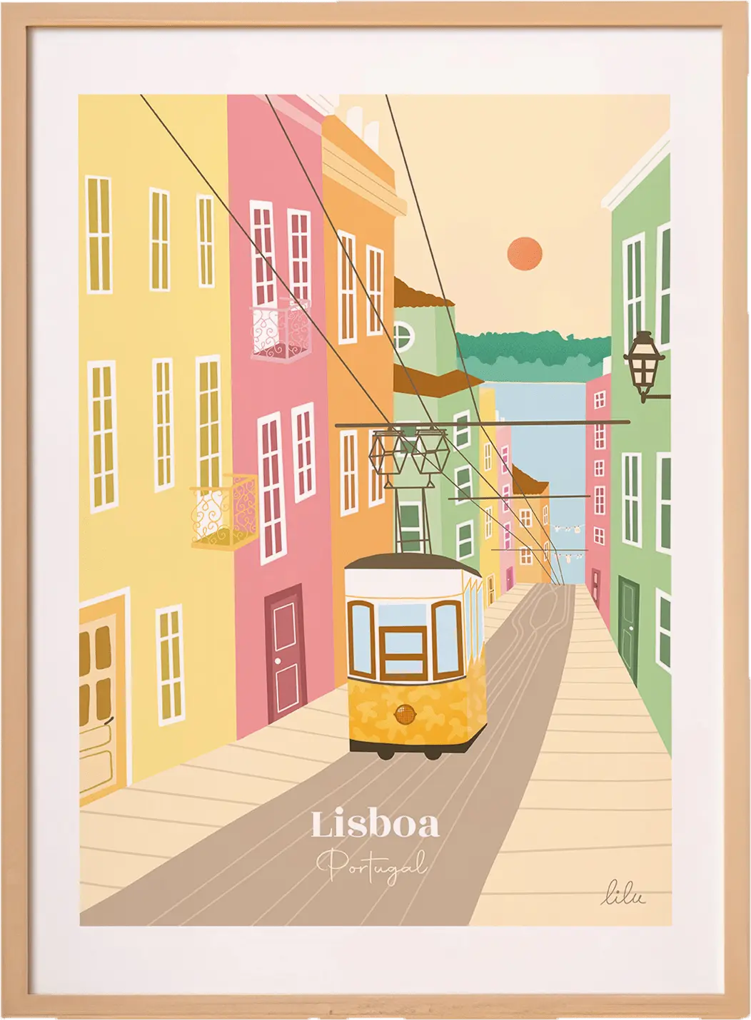 Une affiche de Lisbonne au Portugal avec le tramway et les petites maisons colorées