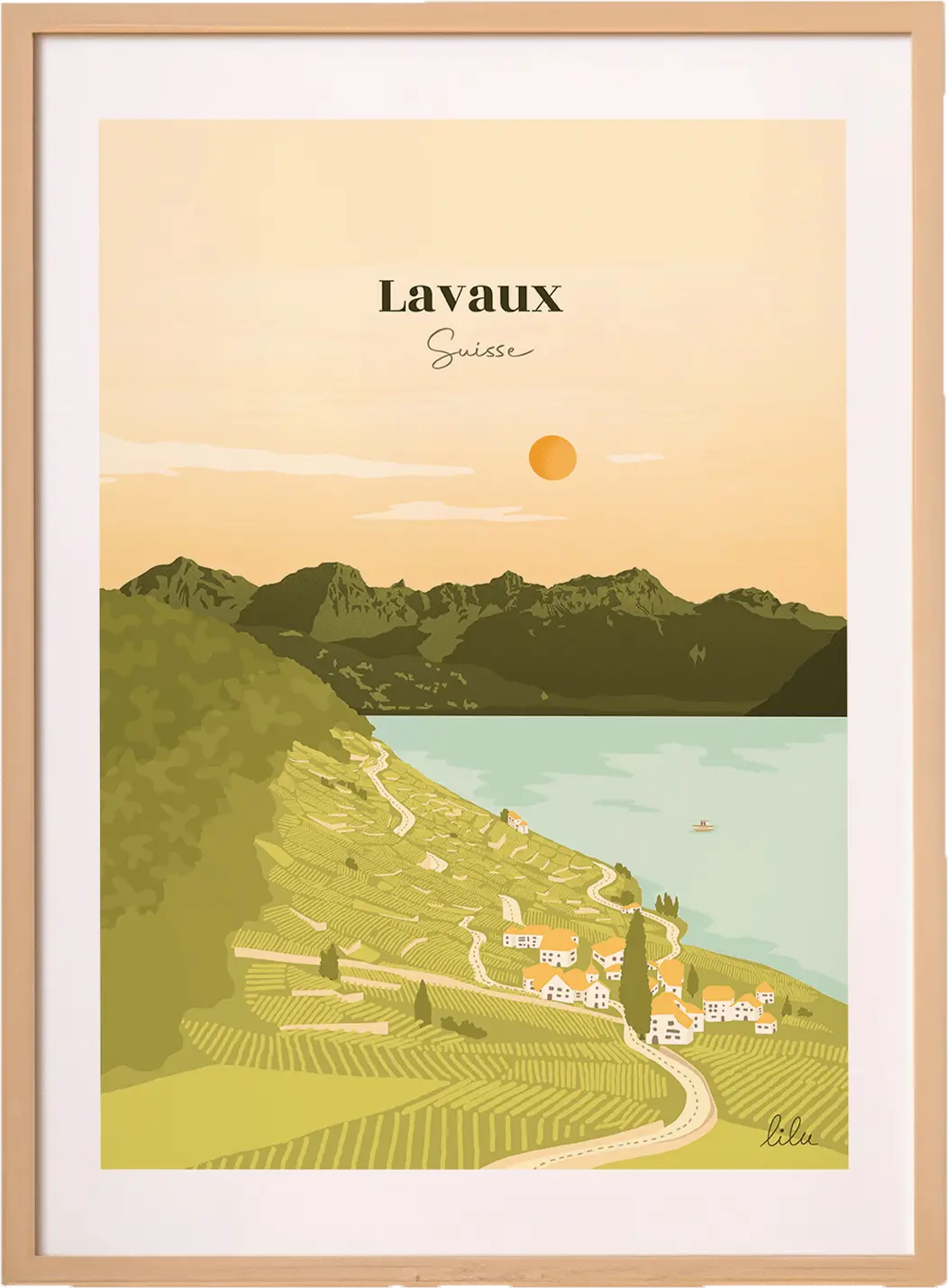 Une affiche de Lavaux en Suisse avec les vignes et le Lac Léman