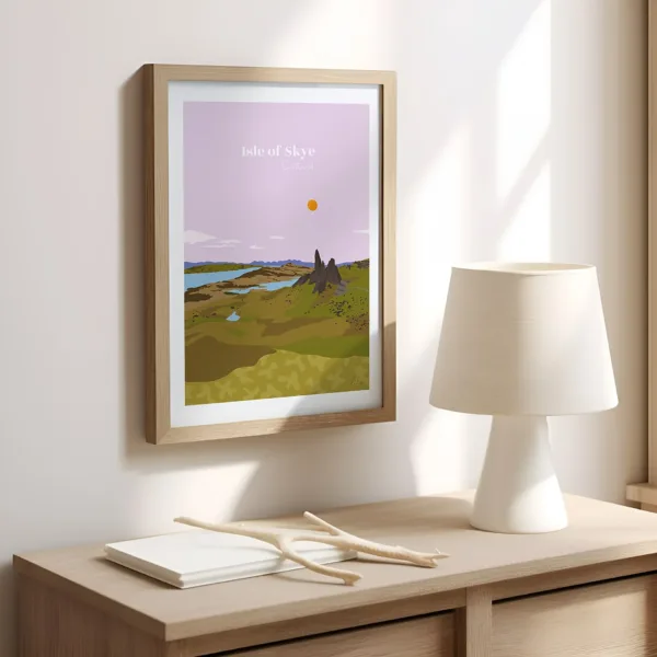 Une affiche sur un mur dans un bureau illustrant le paysage escarpé de l'île de Skye et les rives du loch Ness