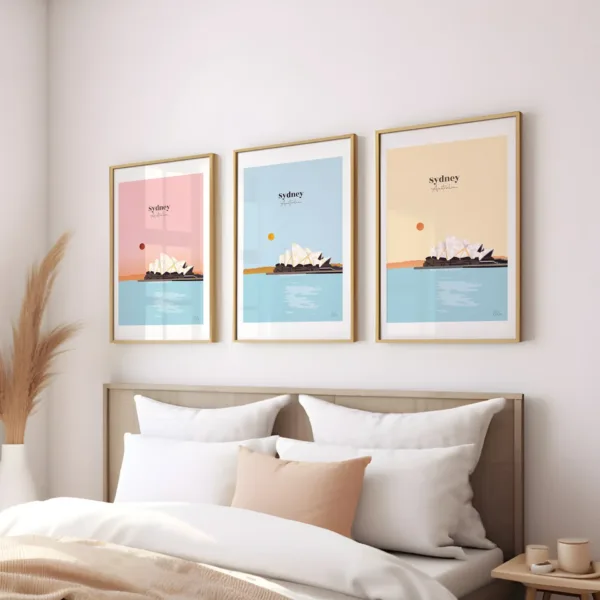 Trois affiches illustrant l'opéra et la baie de Sydney en Australie