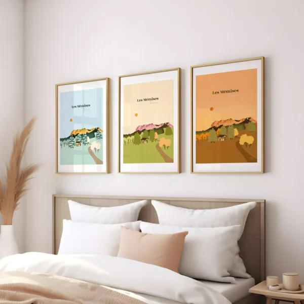 Trois affiches illustrant les montagnes des Mémises à Thollon avec un chalet en version été et hiver