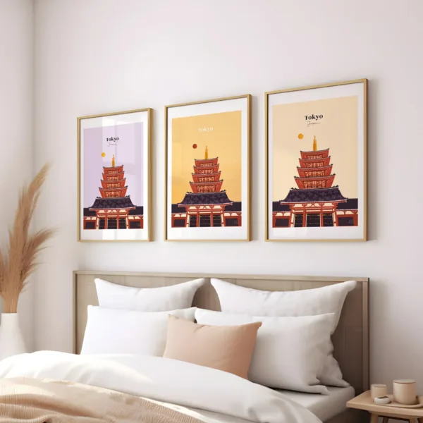 Trois affiches illustrant le sanctuaire d'Asakusa au Japon et sa pagode traditionnelle