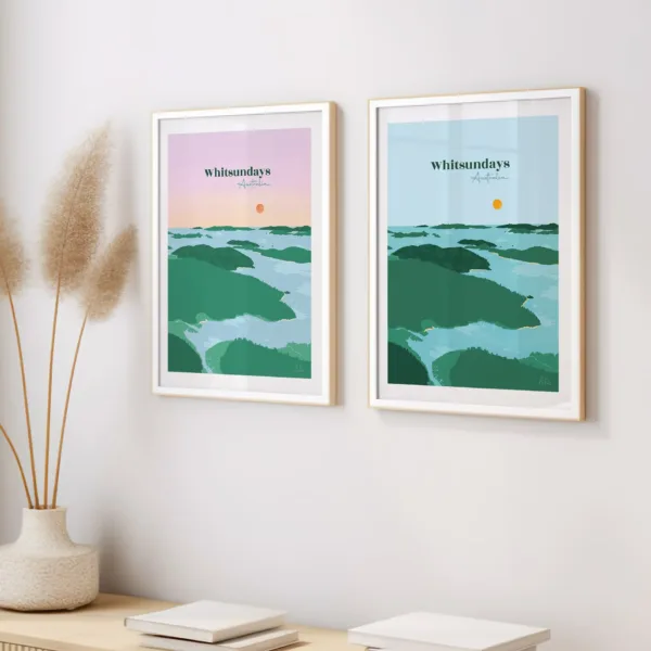 Deux affiches illustrant les îles et l'eau turquoise de l'archipel des Whitsundays