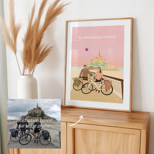 Poster personnalisé d'un couple en voyage à vélo devant le Mont-Saint-Michel