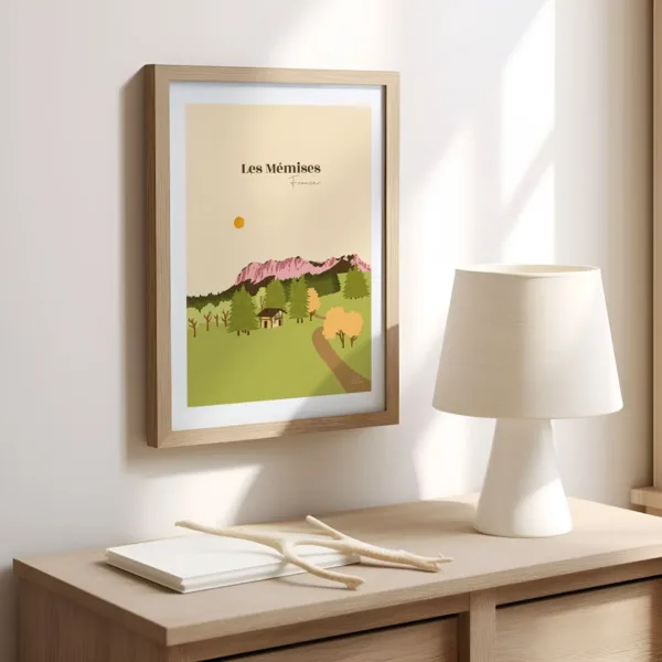 Une affiche sur un mur dans un bureau illustrant les montagnes des Mémises à Thollon avec un chalet
