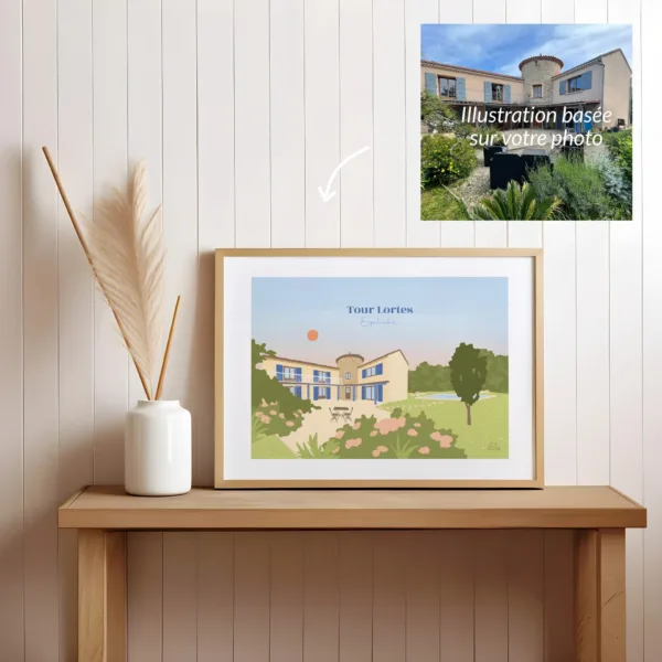 Poster personnalisé d'une maison avec une tour et de son jardin avec une piscine