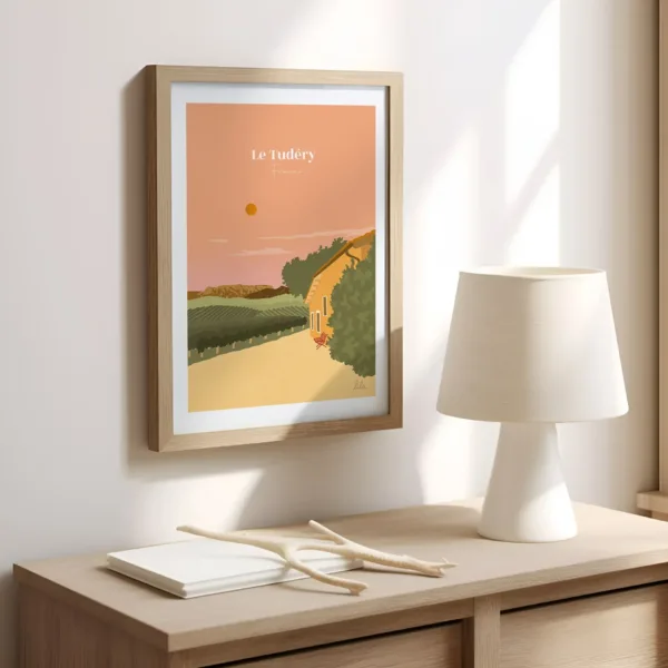 Poster personnalisé décoratif d'une maison surplombant les vignes et une petite montagne