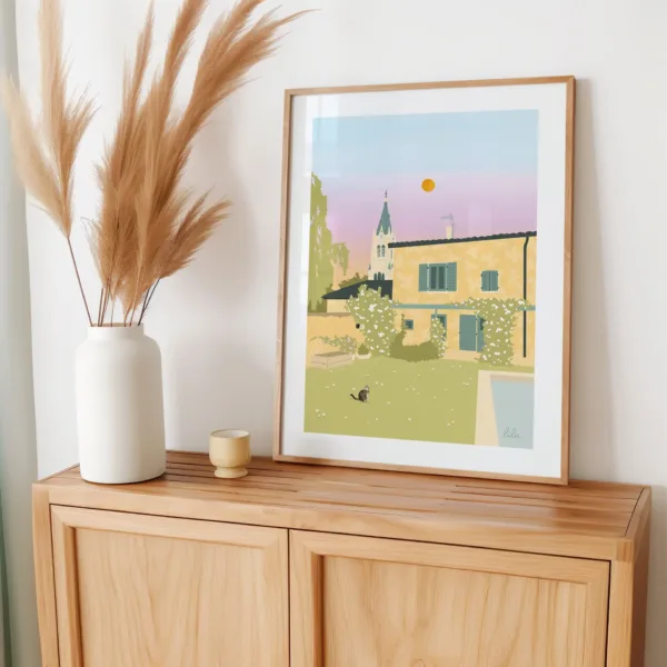 Poster personnalisé décoratif d'une petite maison de village avec une piscine et un clocher d'église