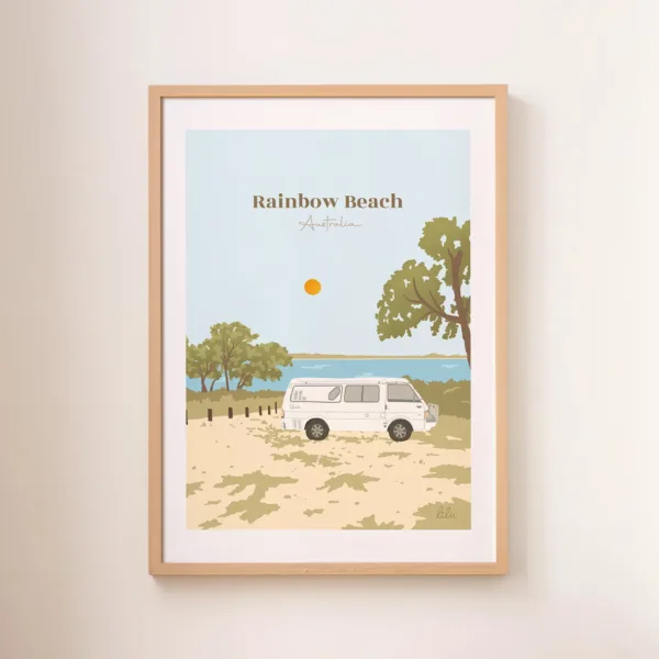 Poster personnalisé décoratif d'un van en road-trip face à l'océan en Australie à Rainbow Beach