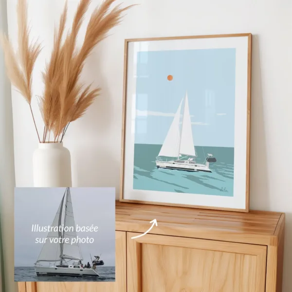 Poster personnalisé décoratif d'un voilier blanc navigant sur l'océan