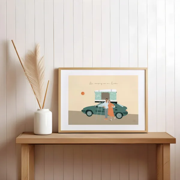 Poster personnalisé décoratif d'un couple et de leur voiture avec une tente de toit en voyage
