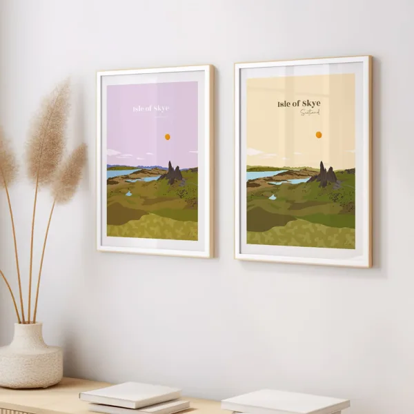 Deux affiches illustrant le paysage escarpé de l'île de Skye et les rives du loch Ness