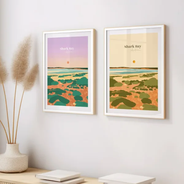 Deux affiches illustrant l'eau turquoise et de la plage de Shark Bay en Australie