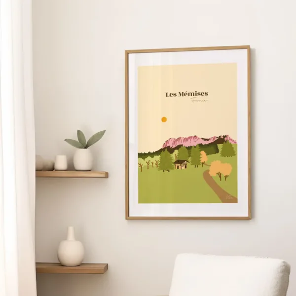 Une affiche sur un mur dans le salon illustrant les montagnes des Mémises à Thollon avec un chalet