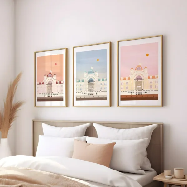 Trois affiches sur un mur illustrant le Palais Lumière à Evian les Bains