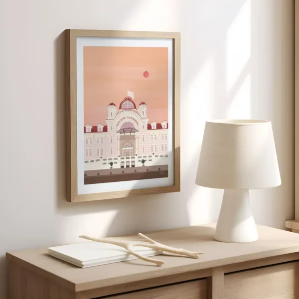 Une affiche sur un mur dans le bureau illustrant le Palais Lumière à Evian les Bains