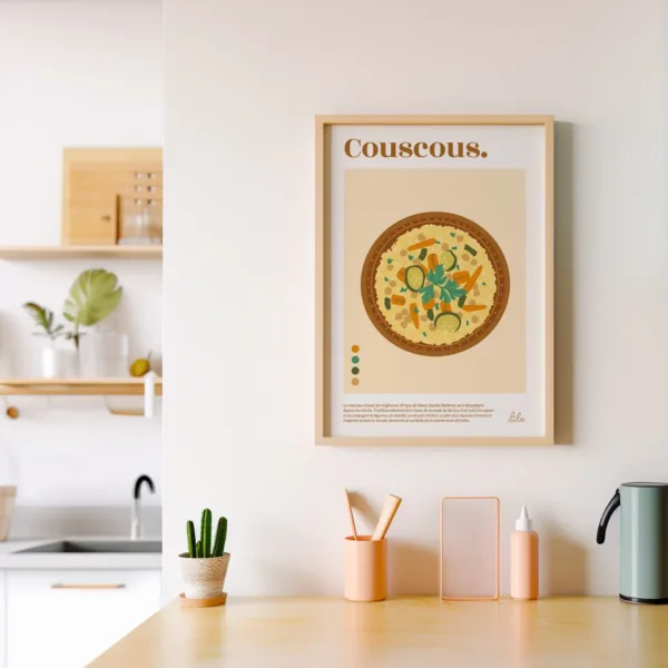 Un poster décoratif dans la cuisine représentant un couscous dans un plat tajine avec des légumes et de la semoule