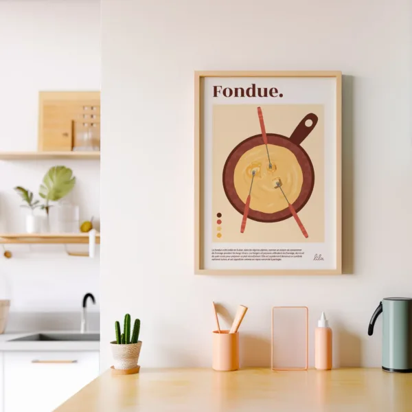 Un poster décoratif dans la cuisine représentant une fondue suisse avec un caquelon, trois pics et un mélange de trois fromages