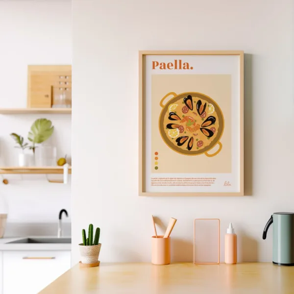 Un poster décoratif dans la cuisine représentant une paella espagnole avec des moules, du chorizo, du riz et des crevettes