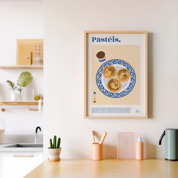 Un poster décoratif dans la cuisine représentant des pasteis de nata portugais avec de la canelle